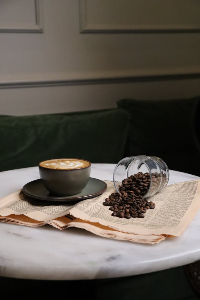 A cup of latte with scattered coffee beans on a marble table setting.
